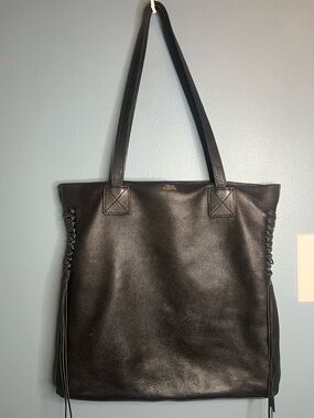 Vince Camuto Black Pebbled Leather Tote with Braided Side Tassels